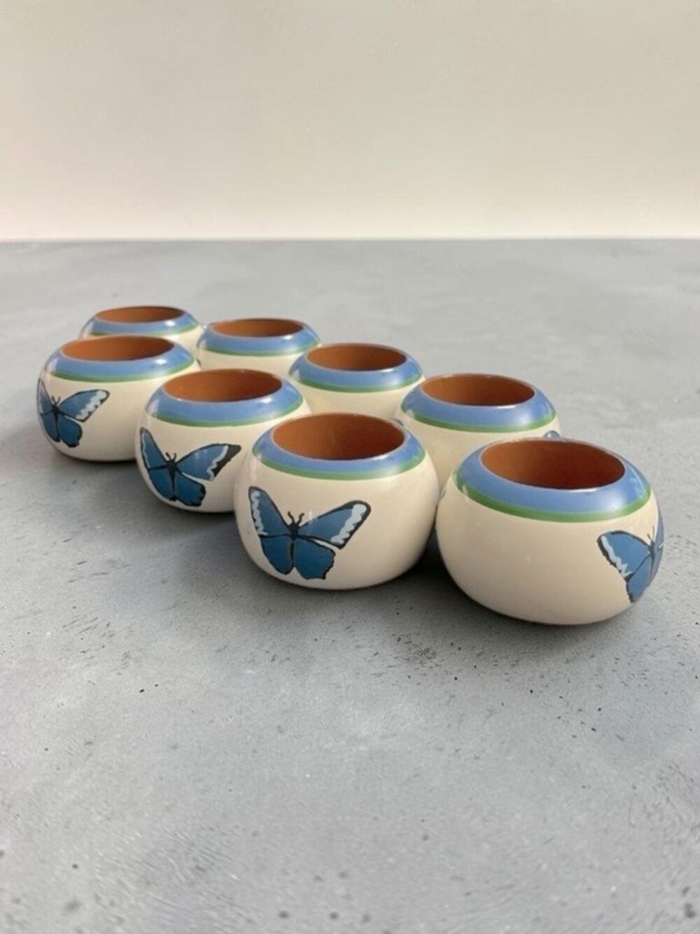 Vintage Pimpernel Butterfly Wood Napkin Rings Hand Painted Set of 8 Blue Decor